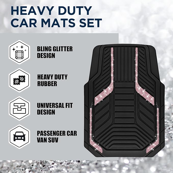 PIC AUTO Car Floor Mats, Pink Sparkly Crystal Bling Glitter Car Mats Set, Front and Rear Heavy Duty Rubber Car Mats with Anti-Slip Backing, All Weather, Trim-to-Fit for SUVs, Trucks, Sedan, Vans