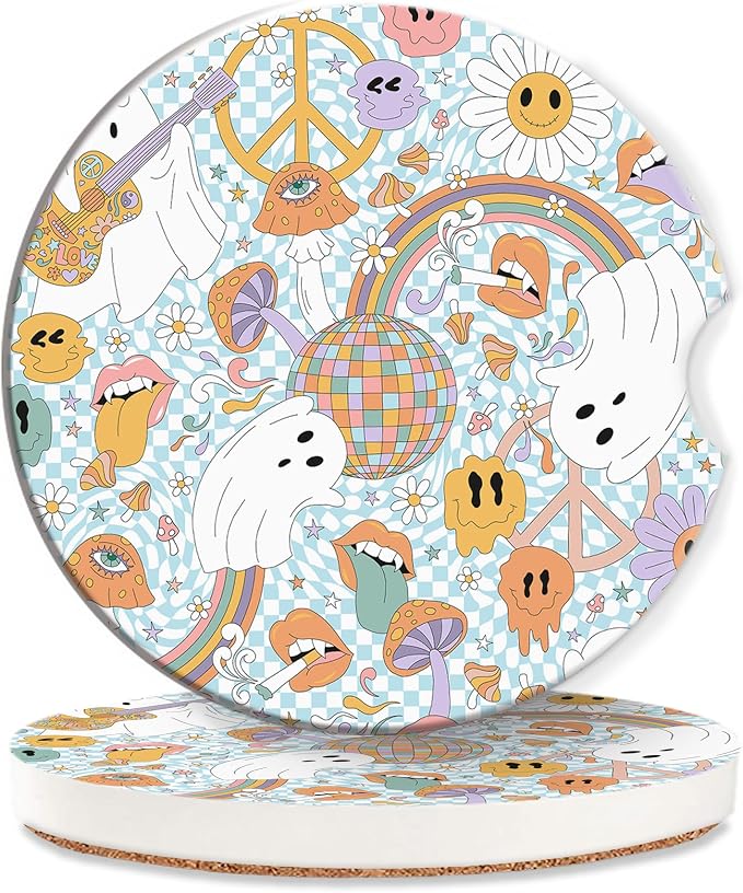 Car Coasters 70s Groovy Mushroom for Women 2 Pack,Retro Ghost Rainbow Absorbent Car Coasters for Cup Holders Insert Ceramic Anti Slip with Finger Notch & Cork Base Auto Accessories Gifts