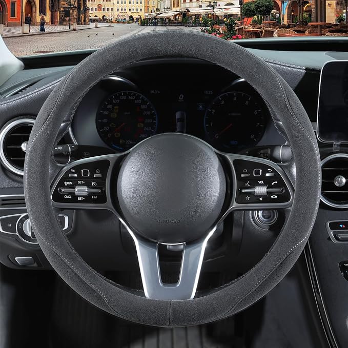 Gray Suede Steering Wheel Cover Universal 14.5 inch to 15 inch | Warm in Winter and Cool in Summer, Felt Car Accessories, Breathable Non-Slip Sweat-Proof Wear-Resistant