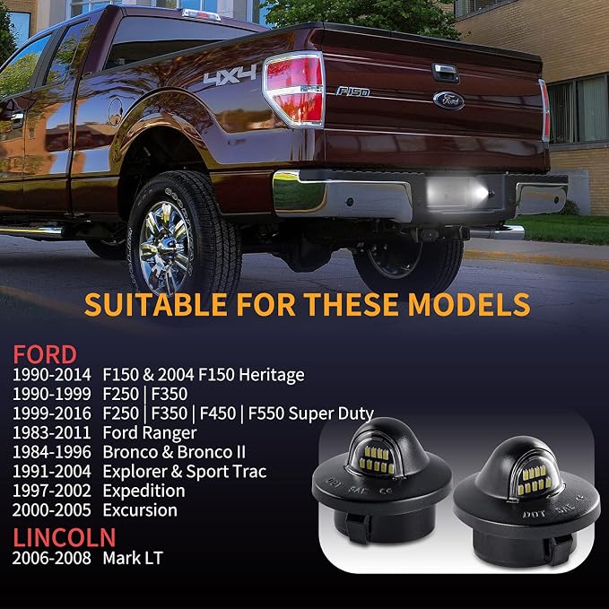Gempro License Plate Light Assembly LED Tag Lamp Replacement for Ford F150 F250 F350 F450 F550 Superduty Bronco Excursion Ranger Expedition Explorer Rear Plate Lights, 6000K White, 2PCS (Black)