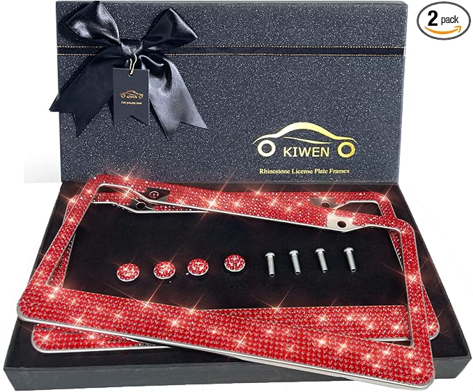 Bling License Plate Frames with High End Ribbon Gift Box,2 Pack Rhinestone License Plate Frame,Handcrafted Crystal Premium Stainless Steel Bling License Plate Frame for Women,Party,Birthday,Xmas Gift