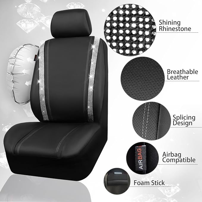 CAR PASS Bling Diamond Car Seat Covers Full Set, Shining Rhinestone Waterproof Faux Leather, Rear with Zipper, Universal Fit Automotive Glitter Crystal Sparkle Strips for Cute Women Girl, Silver