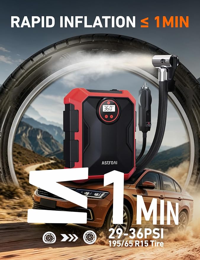 AstroAI Tire Inflator Portable Air Compressor 12V DC 100PSI, Integrated Storage, Digital Gauge, Auto Shut-Off Fast Inflation LED Light, Air Pump for Car Tires Bike Motorcycle Other Inflatables, Red