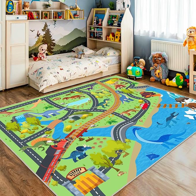 8x10 Feet Kids Rugs for Playroom Kids Room Rug Dinosaur | Soft, Play Mat, Dinosaurs Carpet, Washable, Non slip, Bedroom, Classroom, Nursery, Kids Room, Boy