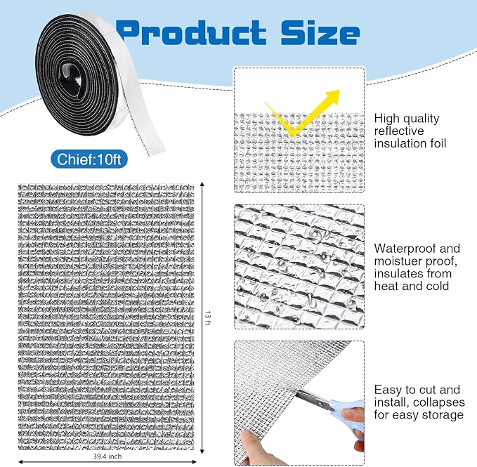 Frienda Rv Window Reflective Insulation Roll 39.4inchx13ft Double Aluminum Foil Heat Bubble Thermal Window Shade Door Cover Blackout for Garage Roof Travel Camper Skylight Shield