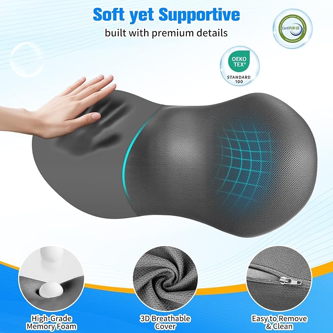 SweetSlubr Lumbar Support Pillow for Office Chair - Memory Foam Lumbar Pillow with Detachable Strap & Breathable Cover, Ergonomic Back Support for Office Chair, Car Seat Cushion, Bed Rest (Grey)