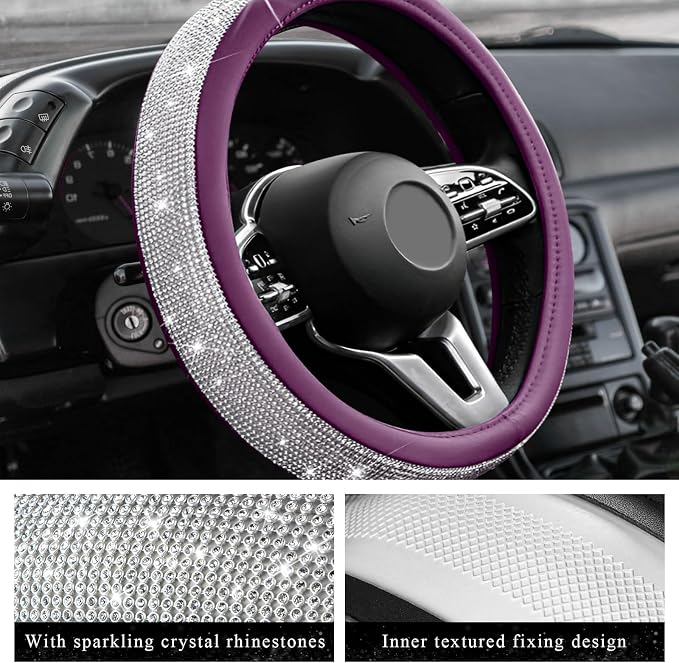 Diamond Leather Steering Wheel Cover, 15 Inch Bling Crystal Rhinestone Anti-Slip Wheel Protector, Universal Sparkling Elegant Diamond Steering Wheels Cover for Women Girl (White&Purple)