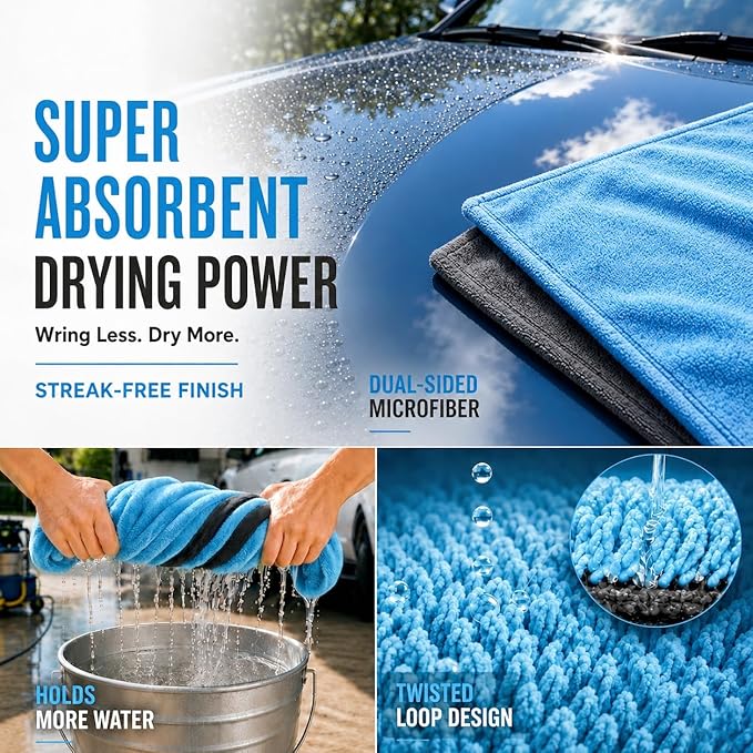 teworld® Car Drying Towel, Extra Large 48 x 24 Inch, 1400 GSM, Dual-Color | Twisted Loop Microfiber Towel for Cars - Absorbent Car Dry Towel and Car Wash Towel for Streak-Free, Paint-Safe Car Detailing