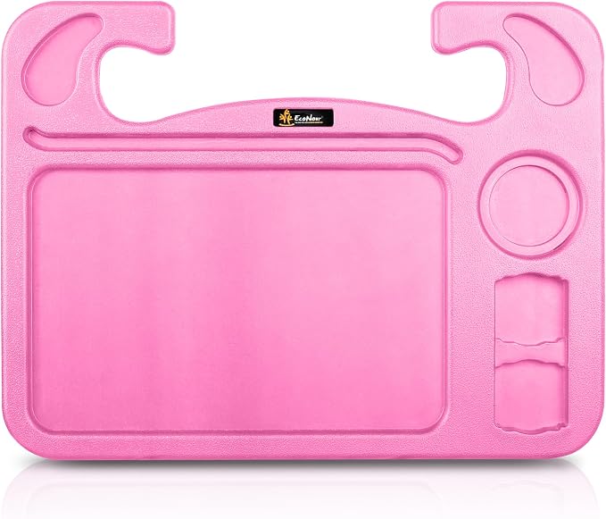 EcoNour 4 in 1 Car Steering Wheel Tray - 2024 Upgraded Pink Tray with Dual Sauce Dip Holder and Tablet Holder | Spacious Steering Wheel Desk for Food and Laptop | Car Accessories (Large)