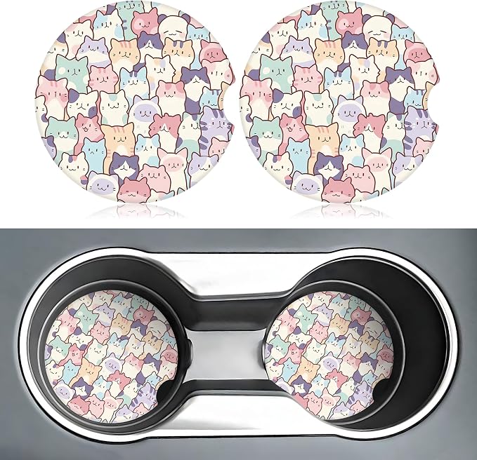 Cute Colorful Cats Car Coasters for Cup Holders,2 Pack Car Cup Holder Coasters for Car,Ceramic Absorbent Car Coaster with A Finger Notch and Cork Base,Car Interior Accessories for Women Men