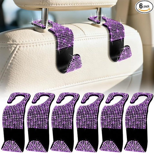 BFXM 6 Pack Bling Car Seat Headrest Hooks, Rhinestone Purse Hook for Car, Universal Storage Organizer for Handbag Grocery Bags Coats, Bling Car Accessories for Women (Bling Purple)