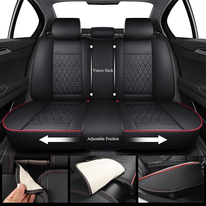 Aierxuan Leather Car Seat Covers 360° Coverage Full Set, Black-Red | Protector Universal Fit Ford Focus Hyundai Elantra Honda Civic Toyota Corolla Nissan Murano Altima Rogue