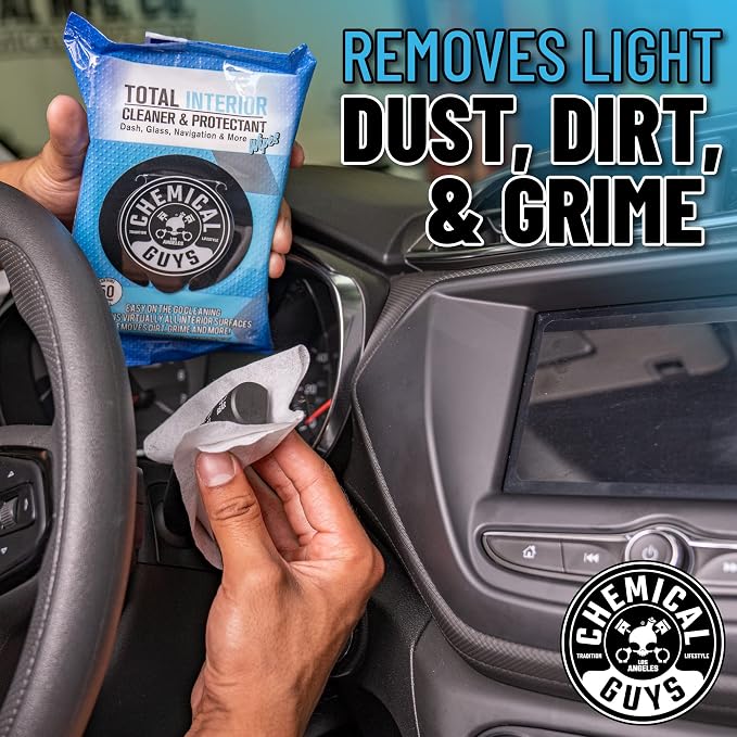 Chemical Guys, Total Interior Cleaner & Protectant Wipes, Multi-Use, 50 Ct | Multi-surface wipes clean dashboards, doors, seats and trim on the go, fifty per pack for quick interior touch-ups