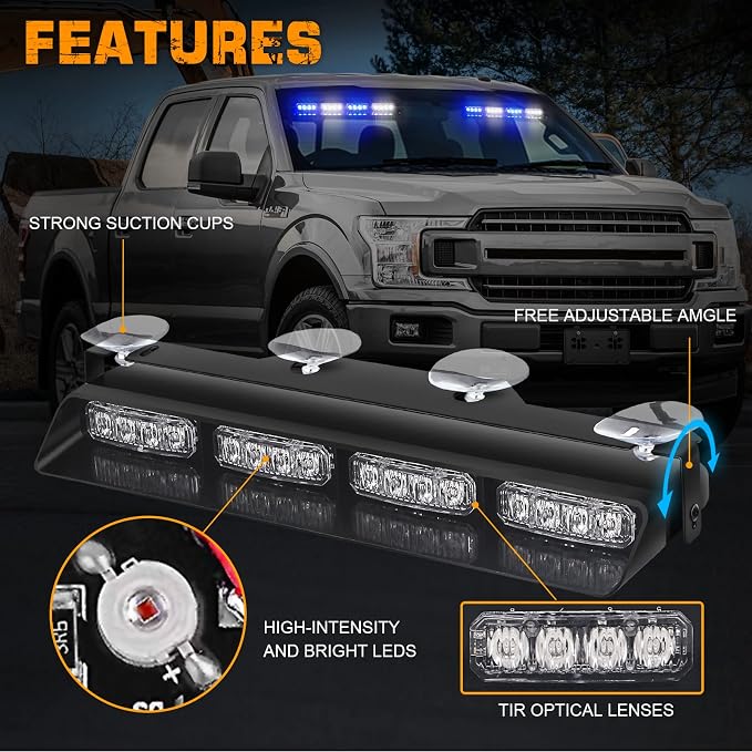 XRIDONSEN 2x 14 inch Blue White Emergency Dash Lights 32 LED Strobe Lights | Interior Safety Flashing Warning Hazard Caution Front/Rear Windshield Light Bar w/ Controller for Vehicles Trucks Car