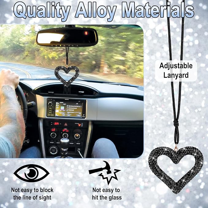 Bling Heart Car Hanging Accessories, Car Accessories for Women, Bling Rear View Mirror, Universal Bling Heart Diamond Car Accessories for Cars, Trucks, SUVs (Black)