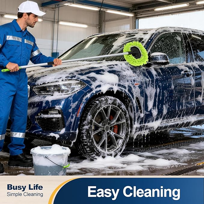 Yocada Car Wash Brush Kit Chenille Microfiber Car Wash Mop Mitt 60" | Long Handle Scratch-Free for Car Cleaning Brush Care Truck RV SUV Boat Windshield Window with 1 Replacement Head