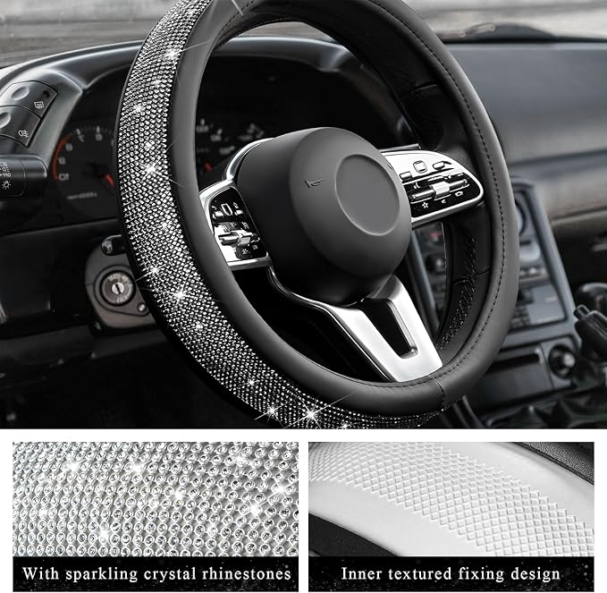 Diamond Leather Steering Wheel Cover, 15 Inch Bling Crystal Rhinestone Anti-Slip Wheel Protector, Universal Sparkling Elegant Diamond Steering Wheels Cover for Women Girl (Black)