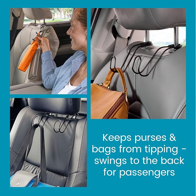 Metal Car Hooks for Purses and Bags - Large Hooks Won't Slip Off or Rattle | Set of 2 High Road Car Headrest Hooks Fit All Sized Metal Posts - Holds Multiple Bags, Wide Straps and Hard Hats