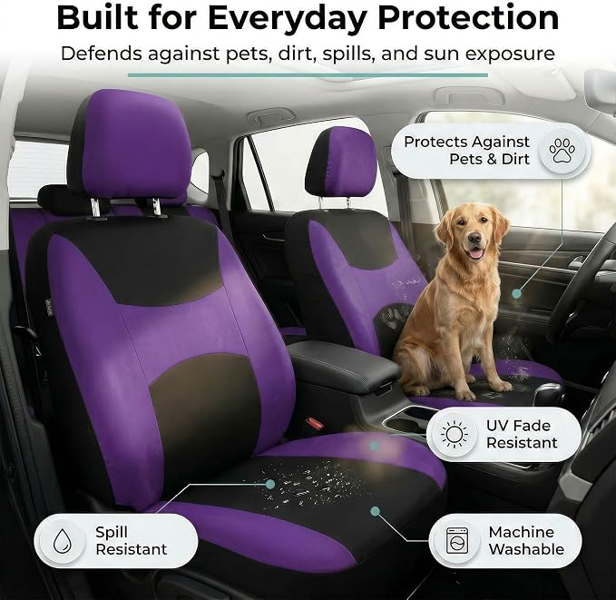 FH Group Universal Car Seat Covers Front Set for SUV Truck Sedan Vans | Waterproof All-Purpose Cloth Seat Cover Set Airbag Compatible Washable Split Bench Protector Interior Upgrade - Purple