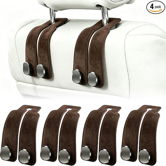 Amelity Car Headrest Hooks, Purse Hook for Car 4 Pack Brown | Universal Car Interior Accessories for Women, Available in 2/4 Pack, Storage Hanger Holds Purses, Backpacks, Grocery Bags