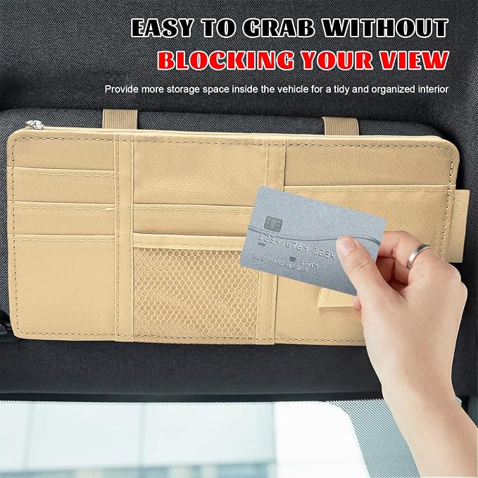 Car Sun Visor Organizer, Multifunctional Auto Visor Storage Bag with Net Pocket & Eyeglass Clamp, Waterproof Multi-Pocket Storage Pouch Ticket Organizer for Car Sun Visors (Beige)