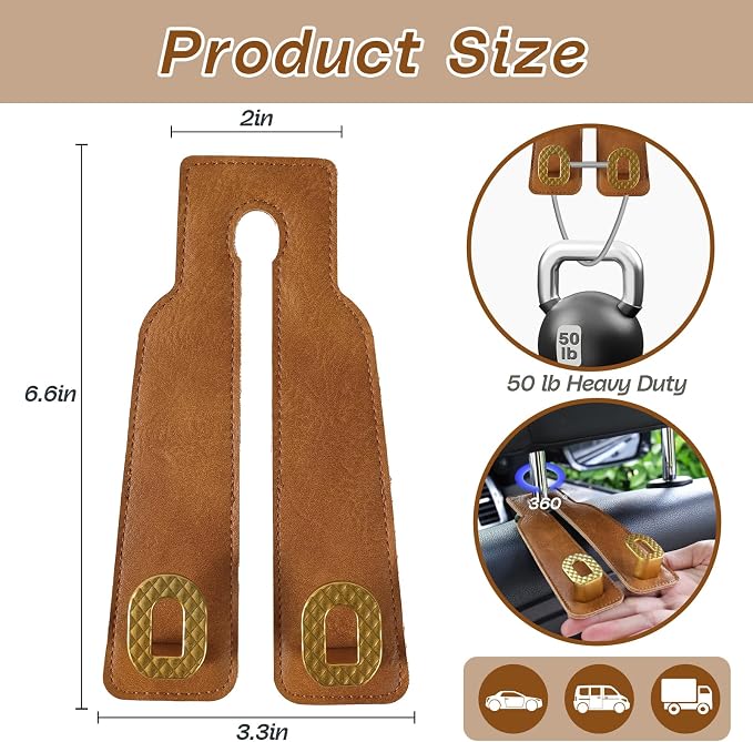 Car Headrest Hooks Universal Car Purse Hook Premium Leather and Alloy Twin Hook Car Seat Back Storage Hanger Hook for Purse Bags Cloth Drink Durable Holder Car Accessories (BH09-Brown-Gold-4 Pcs)