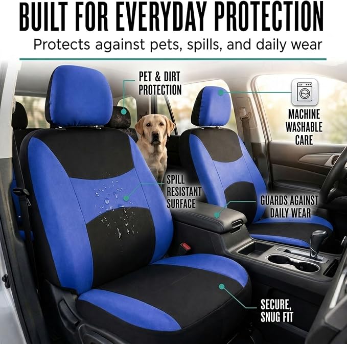 FH Group Full Set Cloth Car Seat Covers , Universal Fit Combo Set with Steering Wheel Cover and Seat Belt Pad for Cars, SUVs and Trucks, Blue