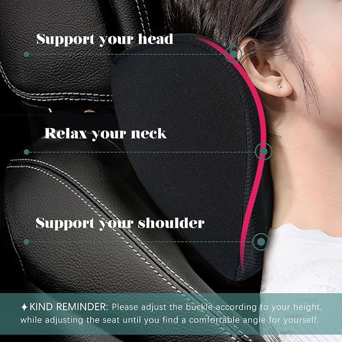 Super Fit Car Headrest Pillow, Car Pillow for Driving with Adjustable Strap | 100% Memory Foam Neck Pillow, Breathable Removable Cover & Ergonomic Design - Softness Travel Car Neck Pillow(Black, 1PC)