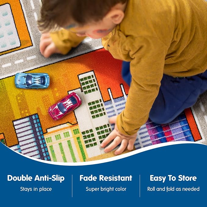 Booooom Jackson Kids Car Rug, 3'3"x6'7" Play Mat for Toy Cars, Non-Slip | Non-Slip City Road Play Mat, Train Track, Birthday Gift for Toddlers, Classroom & Playroom