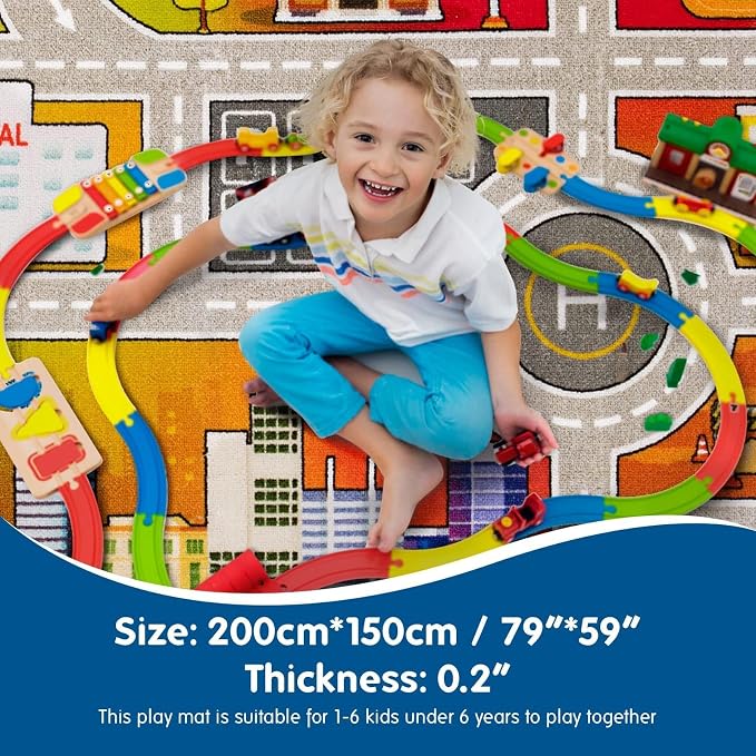 Booooom Jackson Kids Car Rug, 4'11" x 6'7" Rectangular | Non-Slip Washable City Road Play Mat, Race Track, Gift for Toddlers, Classroom & Playroom