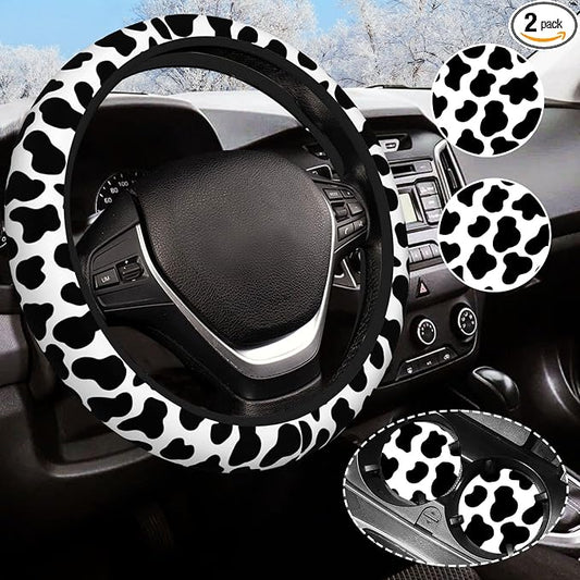 Black and White Cow Print Steering Wheel Cover Anti-Slip and Practical 14.5-15 Inch Universal Car Steering Wheel Cover with 2 Pieces Car Coasters Suitable for Men Women
