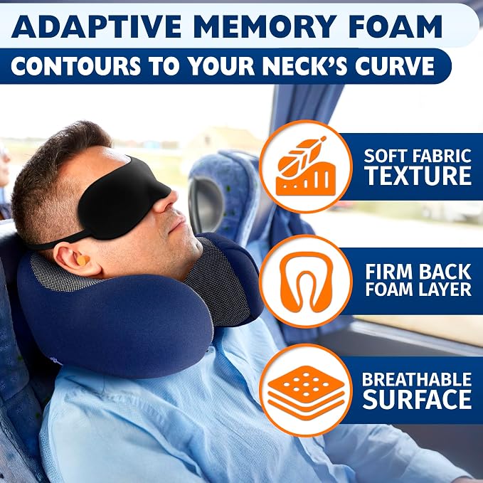 100% Memory Foam Neck Support Pillow with Adjustable Snap Buttons & Head Support – 4-in-1 Kit with 3D Eye Mask, Earplugs & Washable Cotton Cover – Neck Pillow for Plane Travel, Car, Train & Bus (Blue)
