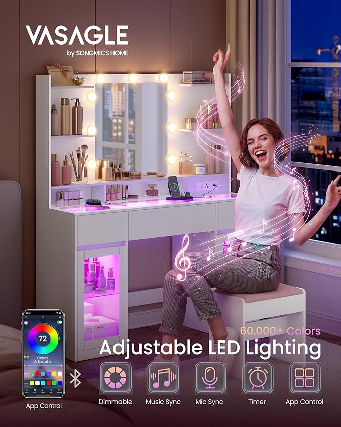 VASAGLE Kailyn Collection - Vanity Desk with LED Lights and Power Outlet, Modern Vanity Table with Light Strip, 3 Drawers, 2 Cabinets, Transparent Top, 8 Storage Shelves, Cloud White URDT145WB03S