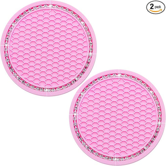 2PCS Bling Cup Holder Coaster, 2.75 Inch Auto Car Cup Holder Insert Coasters, Soft Silicone Anti-Slip Shockproof, Universal Vehicle Interior Accessories for Women Girls (Pink & White)