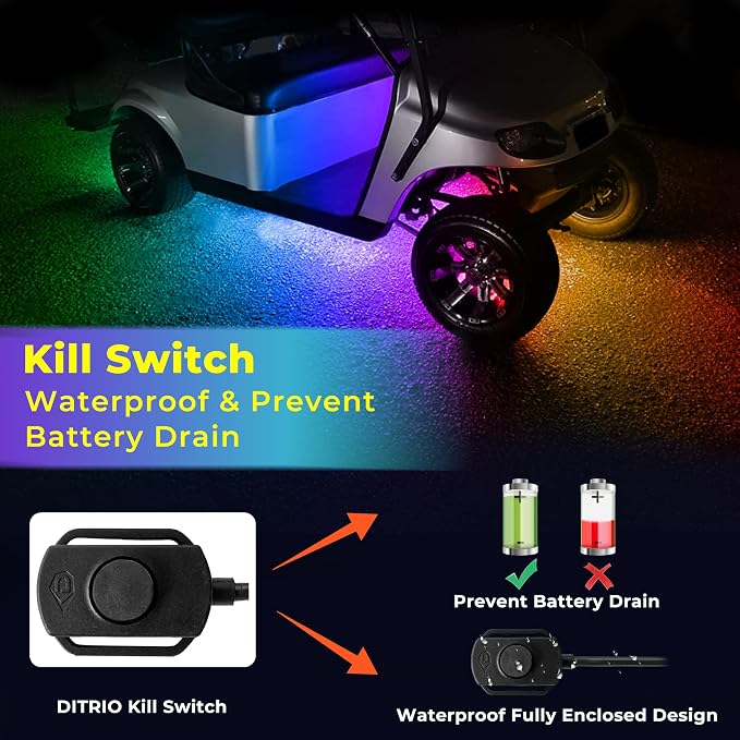 12PCS 12V-72V Golf Cart Lights, RGB Led Underglow Light Kit with 2 Remotes and App Control, Voltage Reducer, Waterproof, Sound Active, Battery Drain Protect Kill Switch Golf Cart Led Lights
