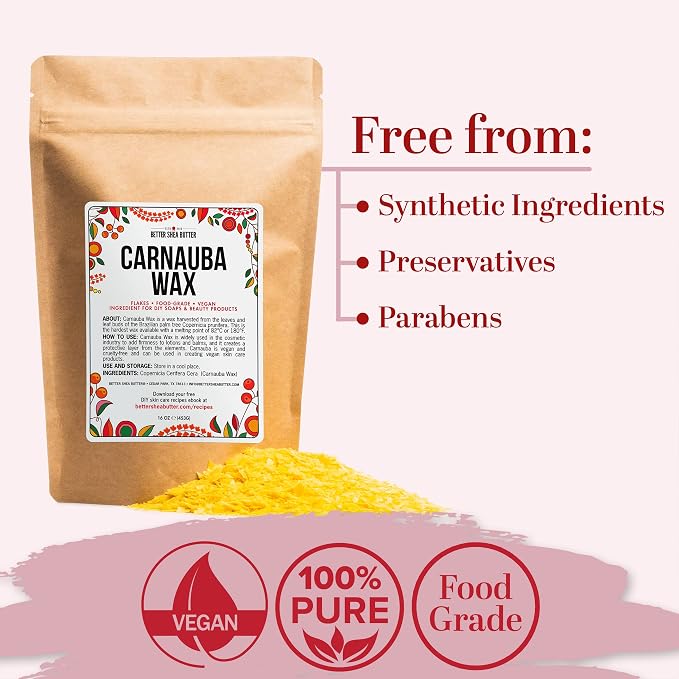 Pure Carnauba Wax for Wood, Furniture, Car Polish and Leather Finishing | Use in Homemade Balms and Skin Care | Food Grade, Vegan Hard Wax | 1 LB (16 oz) by Better Shea Butter