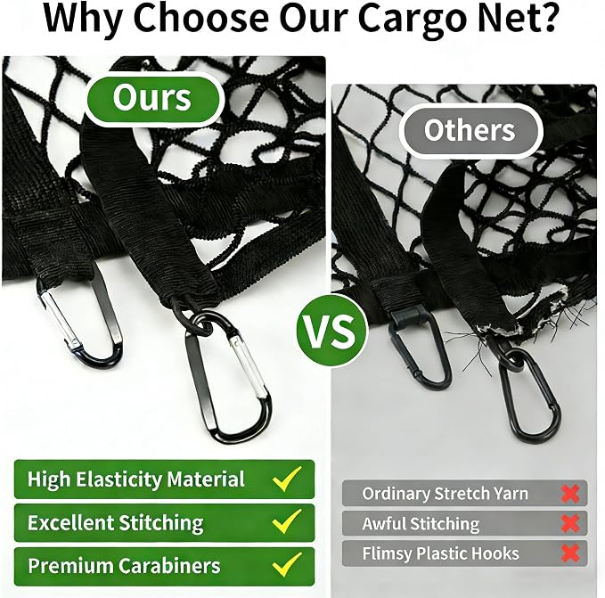 Cargo Net for Pickup Truck Bed, Double Layer, Highly Elastic | Stretchable 4"x4" to 7"x7", Truck Bed Net with 6 Metal Carabiners for Daily Light Loads of Trucks, Vans and SUVs