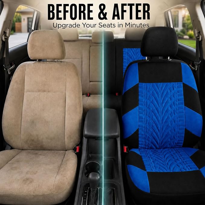 FH Group Full Set Travel Master Car Seat Covers, Airbag and Split Rear Car Seat Cover Universal Fit Interior Accessories for Cars Trucks SUV, Automotive Seat Covers, Blue