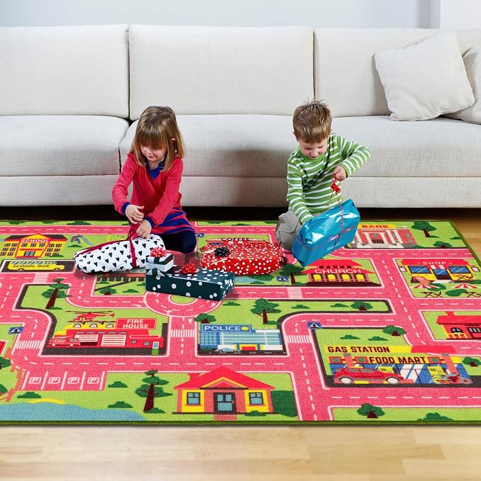Kids Carpet Playmat Rug 78.7"x59", Car Rug for Kids Cars, Non-Slip Town City Road Map Kids Rug for Playroom Bedroom Boys, Kids Cars Road Rugs, Track Carpets (78.7X59Inch,Pink)