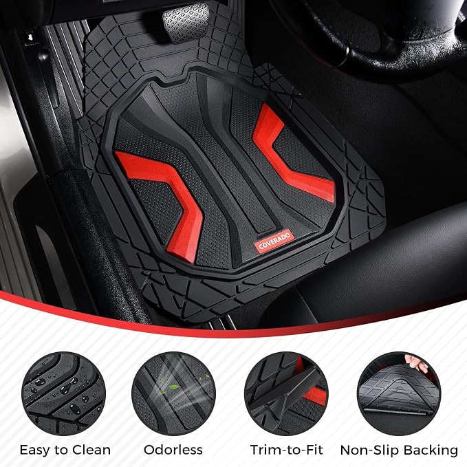 Coverado Car Mats Full Set, Car Floor Mats All Weather, Deep Dish Waterproof Floor Mat, Trim to Fit Automotive Car Mats, Universal Weather Mats for Cars SUV Trucks Sedans Vans (3Pcs,Black&Red)