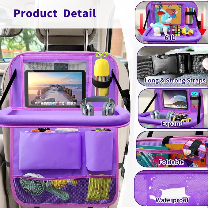Car Backseat Organizer with Tray, Seat Back Table Holder with 6 Storage Pockets, Car Seat Back Protectors Kick Mats Travel Accessories, 1 Pc Purple