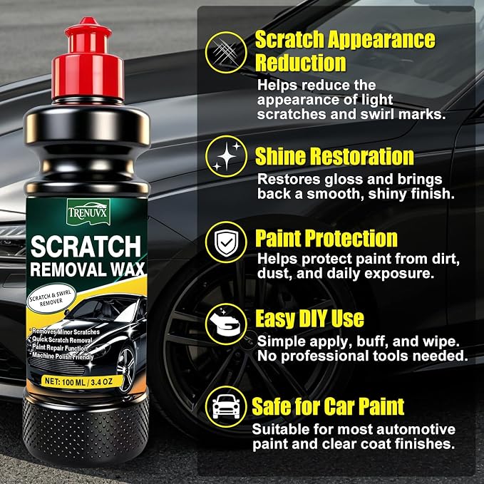 Car Scratch Remover for Vehicles, Car Scratch Repair Kit with Scratch Removal Wax, Rubbing Compound & Polishing Pad, Removes Light Scratches and Swirl Marks, Restores Car Paint Finish, 3.4oz/100ml