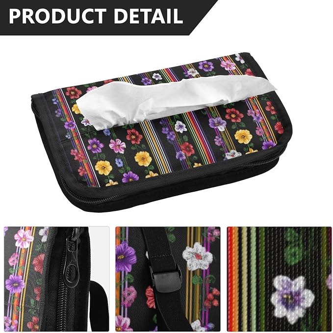 Mexican Purple Flower Stripe Car Tissue Holder Durable Napkin Holder Hanging Tissue Holders Case Car Tissues Bag for Sun Visor Seat Back Universal Auto