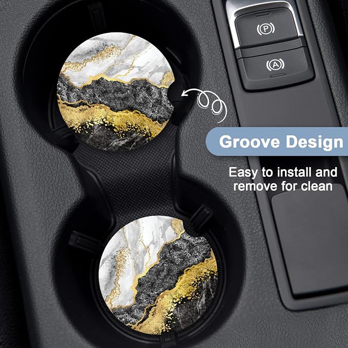 Nipichsha Car Coasters for Cup Holders, 2 Pack Absorbent Ceramic Car Cup Holder Coaster for Drinks, Cute Auto Assecories for Women, Size 2.56 in with Finger Notch & Cork Base, Grey Black Gold Marble