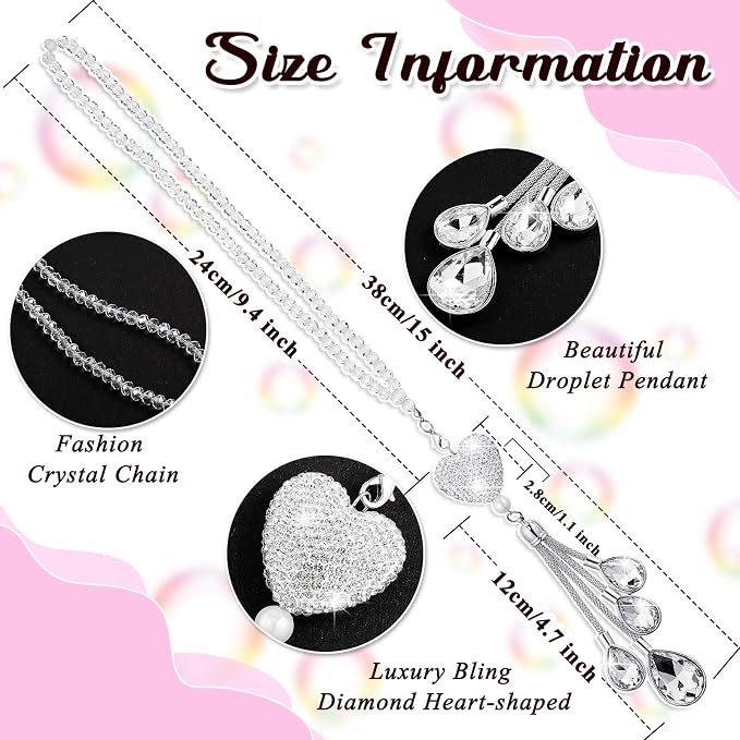 Frienda Bling Car Rear View Mirror Accessories for Women Gift Cute Heart Crystal Hanging Charm Diamond Decoration Lucky Interior Ornament Pendant(9.8 Inch,White)