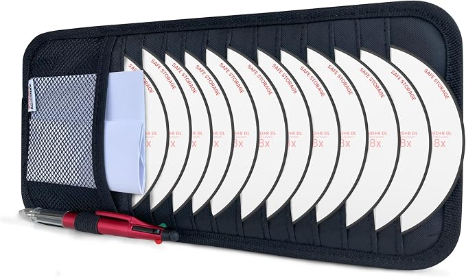CD Case Holder for Car - Sun Visor Organizer for 12 CD’s/Dvd’s, 1 Mesh Pocket & 1 Horizontal Pen Holder - Safe, Ergonomic Design (Black)