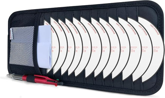 CD Case Holder for Car - Sun Visor Organizer for 12 CD’s/Dvd’s, 1 Mesh Pocket & 1 Horizontal Pen Holder - Safe, Ergonomic Design (Black)