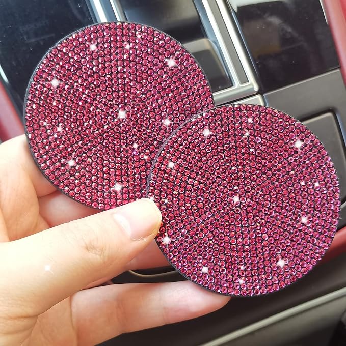 NBTEPEM 2pcs Bling Car Cup Holder Coaster, 2.75 inch Anti-Slip Shockproof Universal Fashion Car Coasters Insert Bling Crystal Rhinestone Automotive Interior Accessories for Women (2 pcs, Rose Red)
