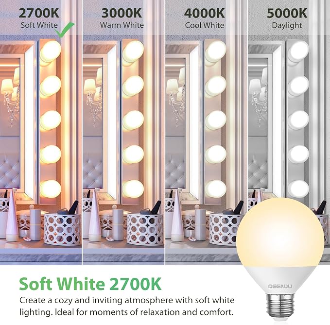 DEGNJU LED Vanity Light Bulbs, 60W Equivalent, Bathroom Light Bulbs 2700K Soft White, 800 Lumens, G25 Globe Bulb for Makeup Mirror, Round Shape, 7W, 120V, Non-Dimmable, 6 Pack