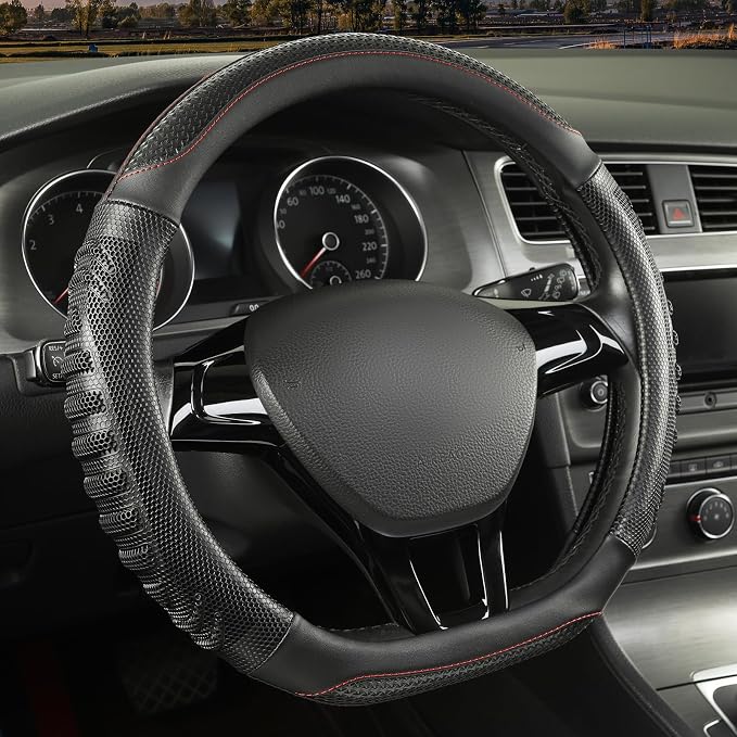 D Shaped Steering Wheel Cover Great Grip with 3D Honeycomb Hole | Anti-Slip Silicone Heavy-duty Microfiber Leather Sporty Design, Universal 14.5 inch - 15 inch, All Black
